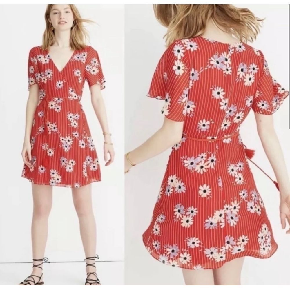 Madewell Daisy Society Red Flower Button Wrap Boho Lined Dress‎ Size 8